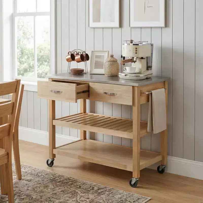 42 Rolling Kitchen Cart with Stainless Steel Top Solid Wood Kitchen Island Trolley with 2 Drawers 3-Tier Storage Lockable Wheels Mobile Prep Table