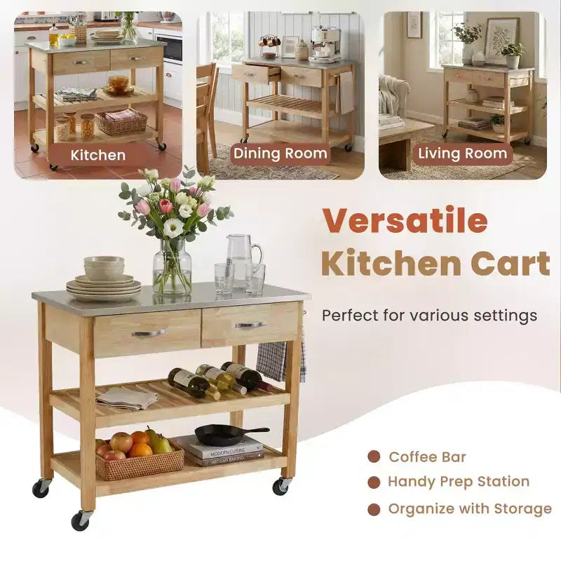 42 Rolling Kitchen Cart with Stainless Steel Top Solid Wood Kitchen Island Trolley with 2 Drawers 3-Tier Storage Lockable Wheels Mobile Prep Table