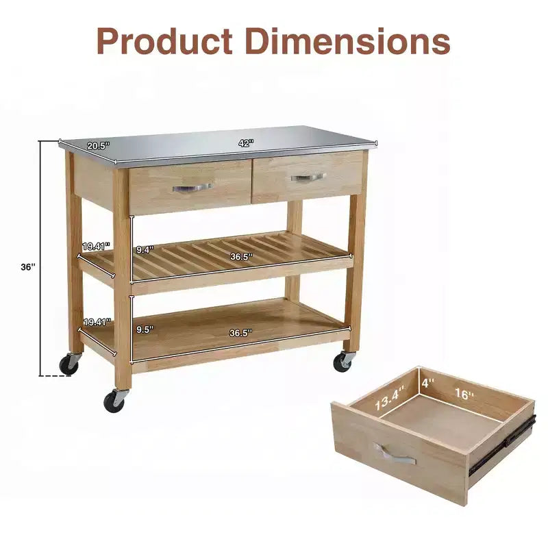 42 Rolling Kitchen Cart with Stainless Steel Top Solid Wood Kitchen Island Trolley with 2 Drawers 3-Tier Storage Lockable Wheels Mobile Prep Table