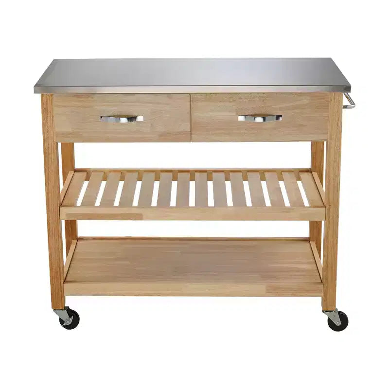 42 Rolling Kitchen Cart with Stainless Steel Top Solid Wood Kitchen Island Trolley with 2 Drawers 3-Tier Storage Lockable Wheels Mobile Prep Table