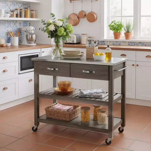 Chariot de cuisine roulant de 42 pouces avec dessus en acier inoxydable, îlot de cuisine en bois massif avec 2 tiroirs, rangement à 3 niveaux, roulettes verrouillables, table de préparation mobile