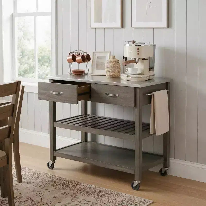 42 Rolling Kitchen Cart with Stainless Steel Top Solid Wood Kitchen Island Trolley with 2 Drawers 3-Tier Storage Lockable Wheels Mobile Prep Table