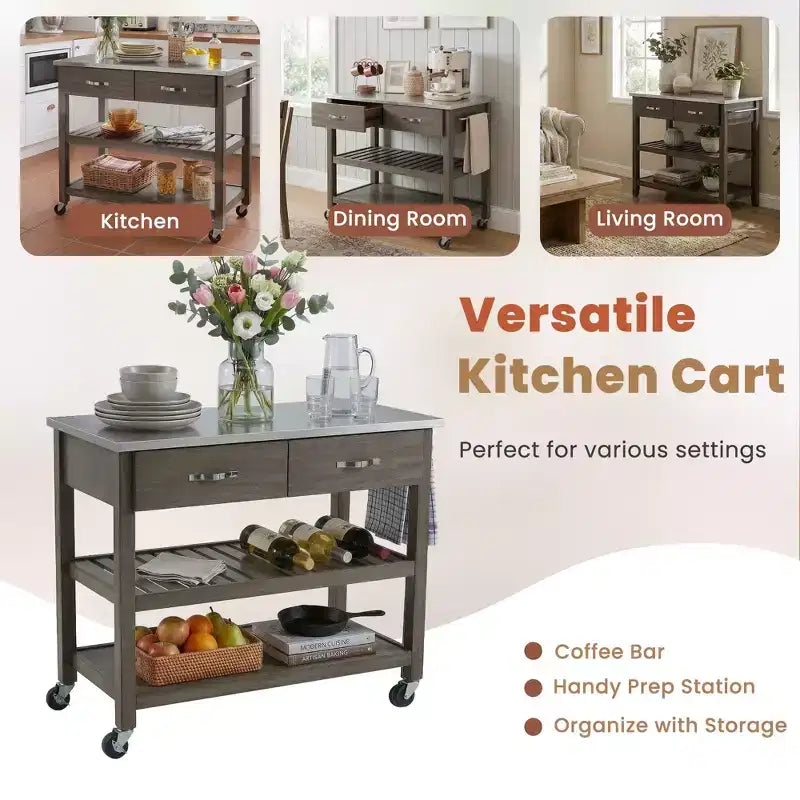 42 Rolling Kitchen Cart with Stainless Steel Top Solid Wood Kitchen Island Trolley with 2 Drawers 3-Tier Storage Lockable Wheels Mobile Prep Table