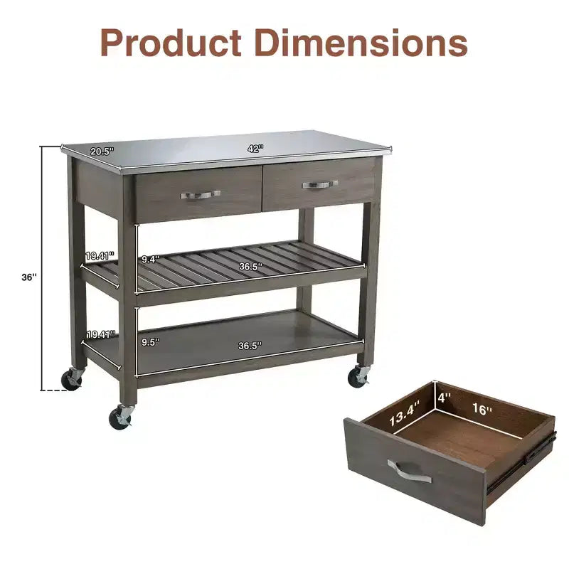 42 Rolling Kitchen Cart with Stainless Steel Top Solid Wood Kitchen Island Trolley with 2 Drawers 3-Tier Storage Lockable Wheels Mobile Prep Table