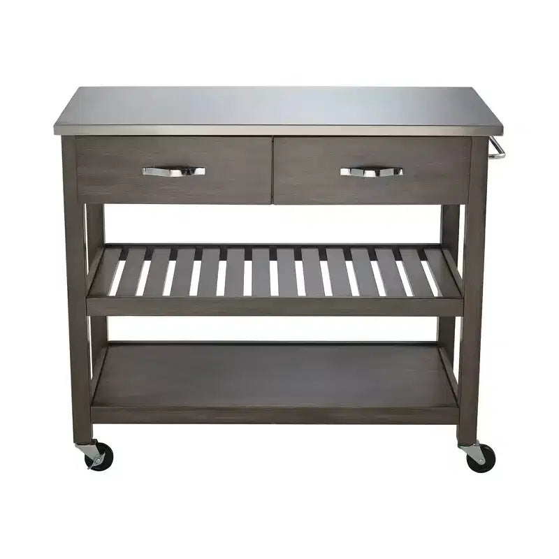 42 Rolling Kitchen Cart with Stainless Steel Top Solid Wood Kitchen Island Trolley with 2 Drawers 3-Tier Storage Lockable Wheels Mobile Prep Table