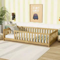 Clihome Twin Size Floor Bed with Fence without Door, Rubber Wood Floor Bed with Safety Guardrails