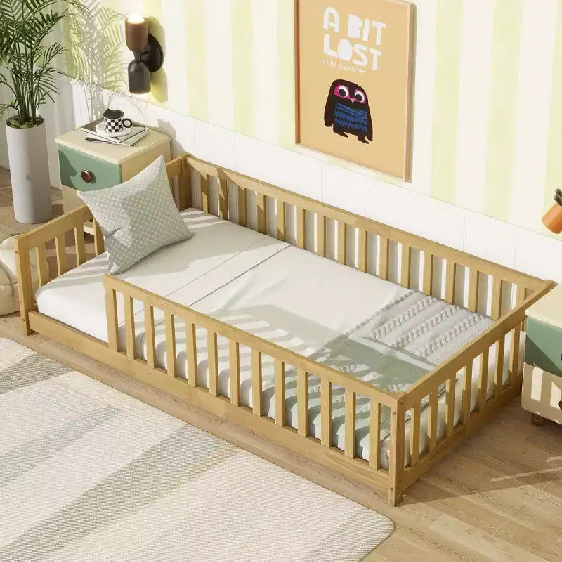 Clihome Twin Size Floor Bed with Fence without Door, Rubber Wood Floor Bed with Safety Guardrails