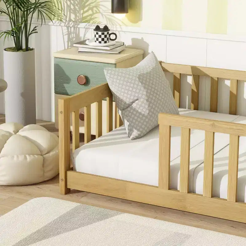 Clihome Twin Size Floor Bed with Fence without Door, Rubber Wood Floor Bed with Safety Guardrails