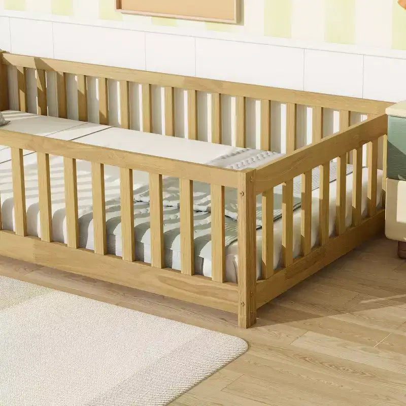 Clihome Twin Size Floor Bed with Fence without Door, Rubber Wood Floor Bed with Safety Guardrails