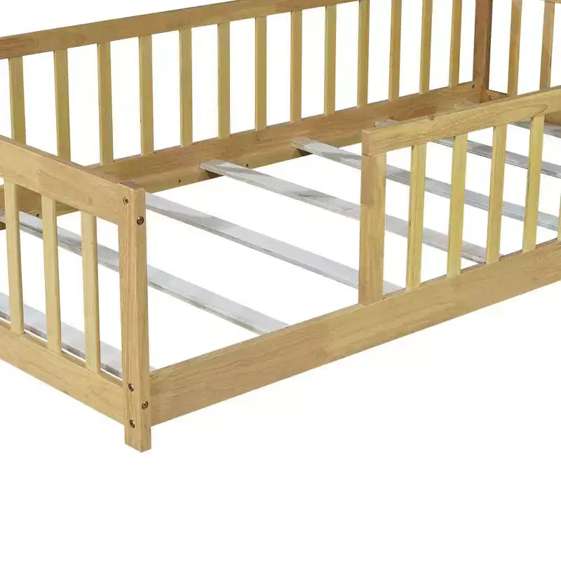 Clihome Twin Size Floor Bed with Fence without Door, Rubber Wood Floor Bed with Safety Guardrails