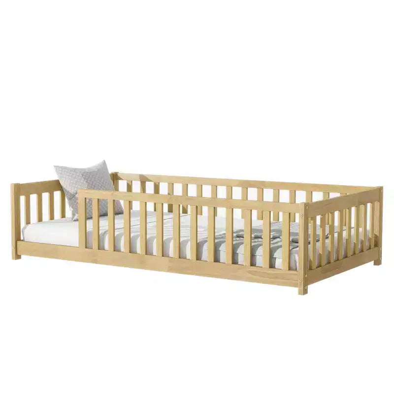 Clihome Twin Size Floor Bed with Fence without Door, Rubber Wood Floor Bed with Safety Guardrails