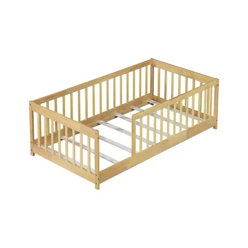 Clihome Twin Size Floor Bed with Fence without Door, Rubber Wood Floor Bed with Safety Guardrails