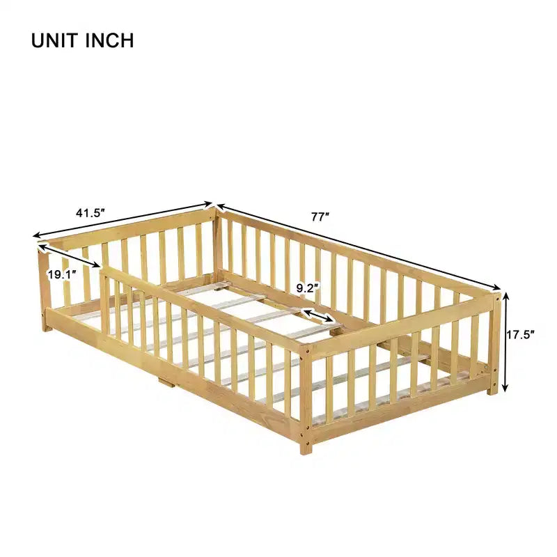 Clihome Twin Size Floor Bed with Fence without Door, Rubber Wood Floor Bed with Safety Guardrails