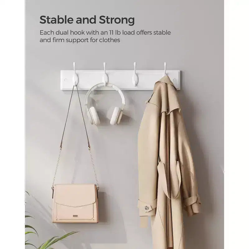 Set of 2 Wall-Mounted Coat Rack, Hook Rack, 8 Dual Metal Hooks, for Coats, Bags, Keys