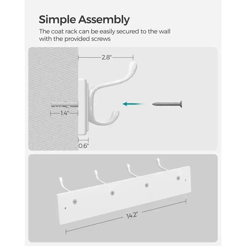 Set of 2 Wall-Mounted Coat Rack, Hook Rack, 8 Dual Metal Hooks, for Coats, Bags, Keys
