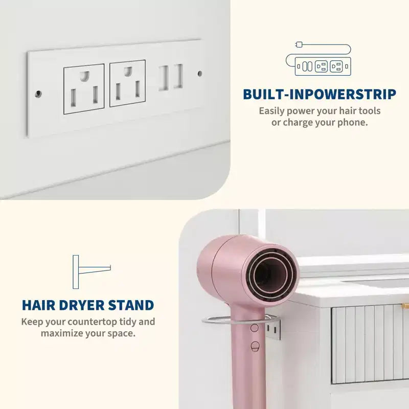 GustoWave Vanity Desk with Mirror, 5 Drawers Glass Top Hairdryer Rack Wave Texture Makeup Table for Bedroom