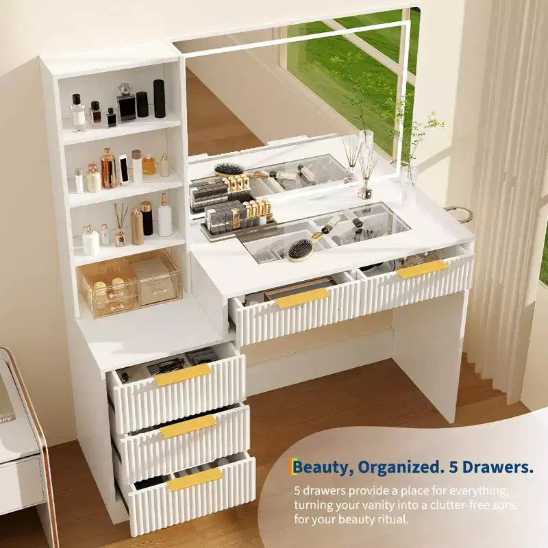 GustoWave Vanity Desk with Mirror, 5 Drawers Glass Top Hairdryer Rack Wave Texture Makeup Table for Bedroom