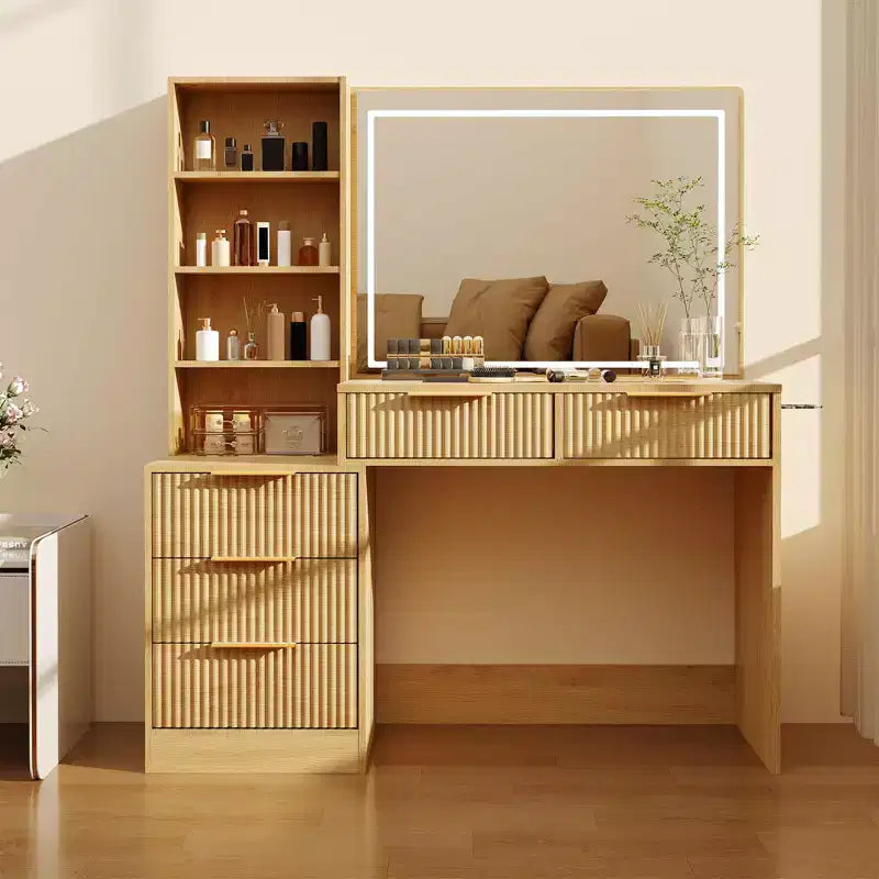 GustoWave Vanity Desk with Mirror, 5 Drawers Glass Top Hairdryer Rack Wave Texture Makeup Table for Bedroom