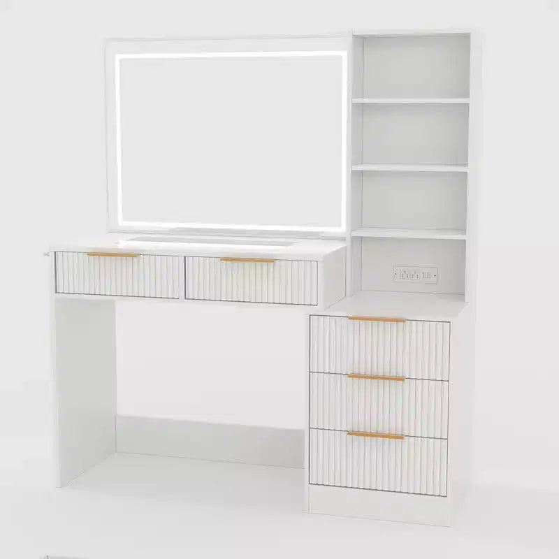 GustoWave Vanity Desk with Mirror, 5 Drawers Glass Top Hairdryer Rack Wave Texture Makeup Table for Bedroom