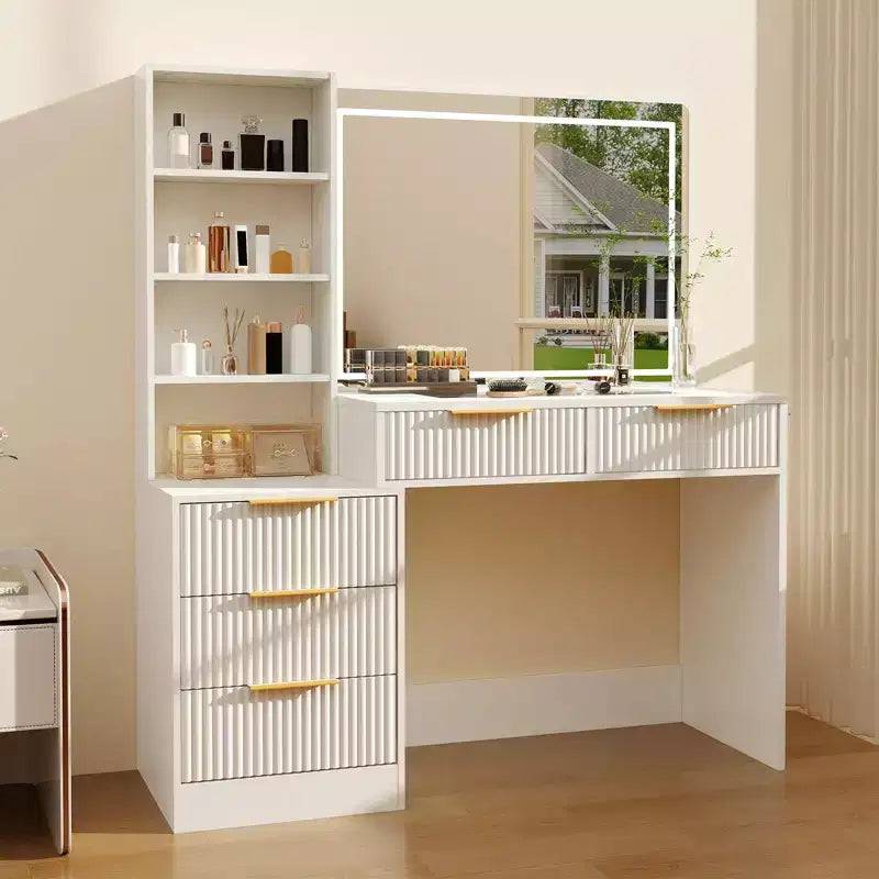 Coiffeuse GustoWave avec miroir, 5 tiroirs, plateau en verre, support pour sèche-cheveux, table de maquillage texturée en forme de vague pour chambre à coucher
