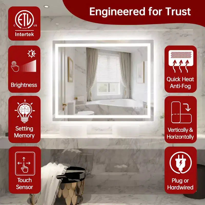 SUMERAIN 40x32 Wall Bathroom Mirror with 3 Color, Fog-Free ETL Smart Vanity Mirror Tempered Glass