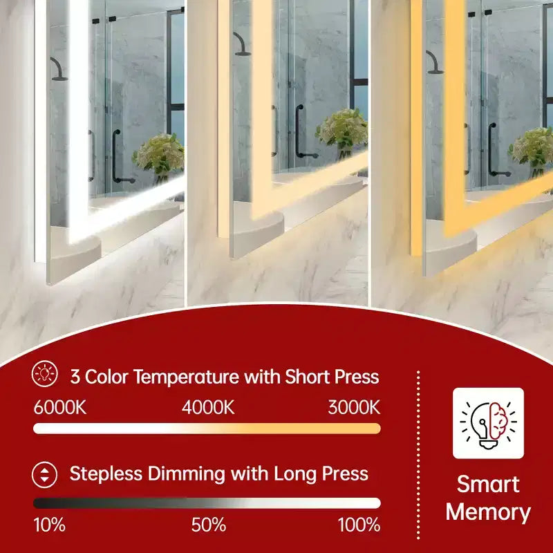SUMERAIN 40x32 Wall Bathroom Mirror with 3 Color, Fog-Free ETL Smart Vanity Mirror Tempered Glass