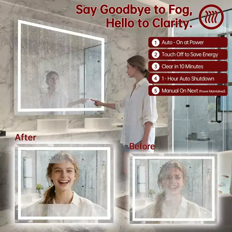 SUMERAIN 40x32 Wall Bathroom Mirror with 3 Color, Fog-Free ETL Smart Vanity Mirror Tempered Glass
