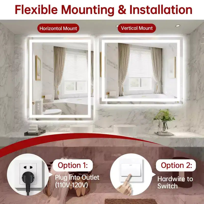 SUMERAIN 40x32 Wall Bathroom Mirror with 3 Color, Fog-Free ETL Smart Vanity Mirror Tempered Glass