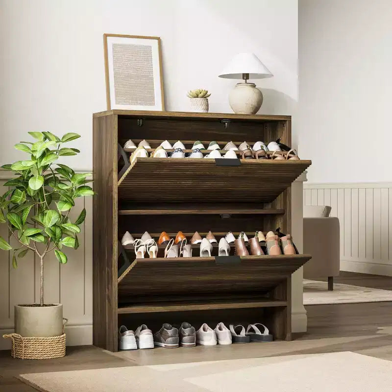 2 Flip Drawers Fluted Shoe Storage Cabinet, 31.5 Wide Freestanding Hidden Shoe Rack with Adjustable Shelves for Entryway Living Room