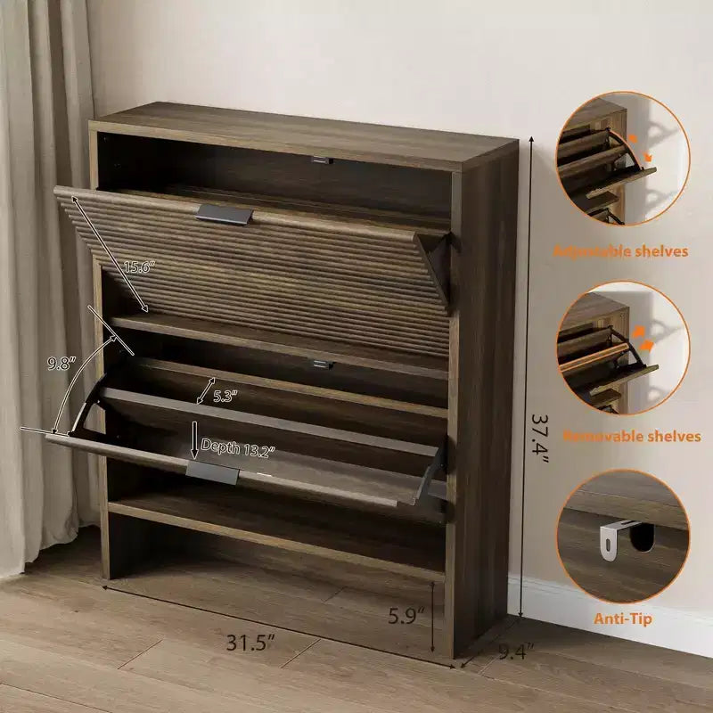 2 Flip Drawers Fluted Shoe Storage Cabinet, 31.5 Wide Freestanding Hidden Shoe Rack with Adjustable Shelves for Entryway Living Room