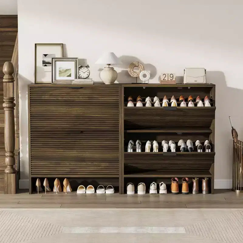 2 Flip Drawers Fluted Shoe Storage Cabinet, 31.5 Wide Freestanding Hidden Shoe Rack with Adjustable Shelves for Entryway Living Room