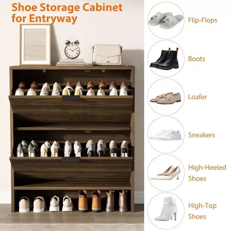 2 Flip Drawers Fluted Shoe Storage Cabinet, 31.5 Wide Freestanding Hidden Shoe Rack with Adjustable Shelves for Entryway Living Room