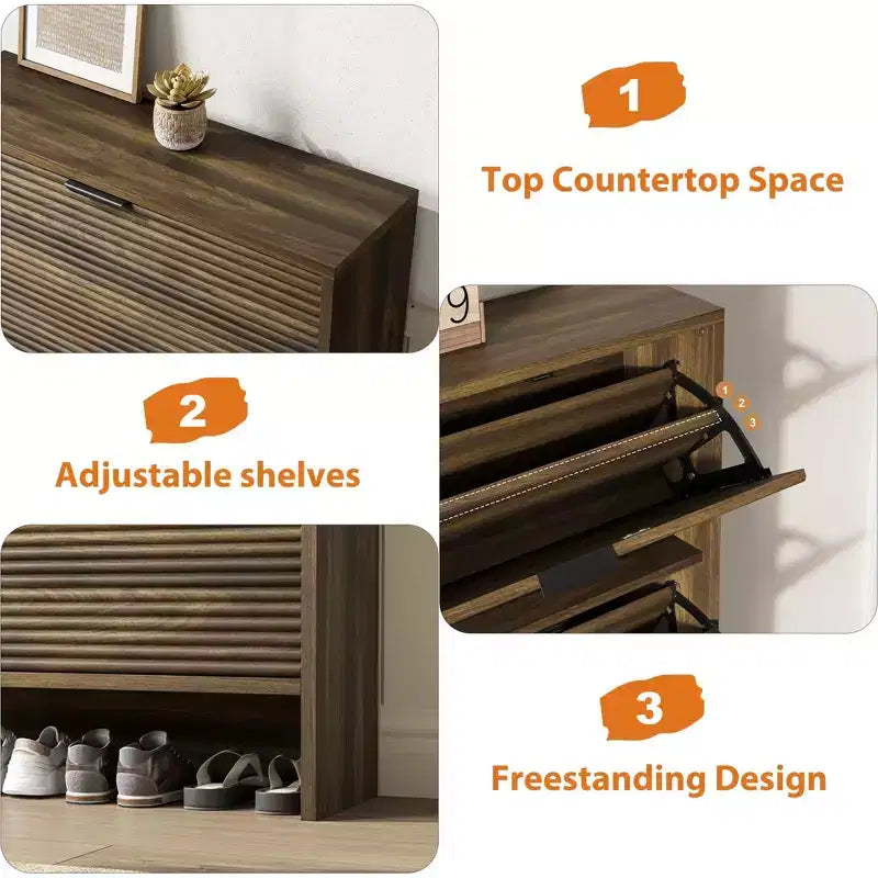 2 Flip Drawers Fluted Shoe Storage Cabinet, 31.5 Wide Freestanding Hidden Shoe Rack with Adjustable Shelves for Entryway Living Room