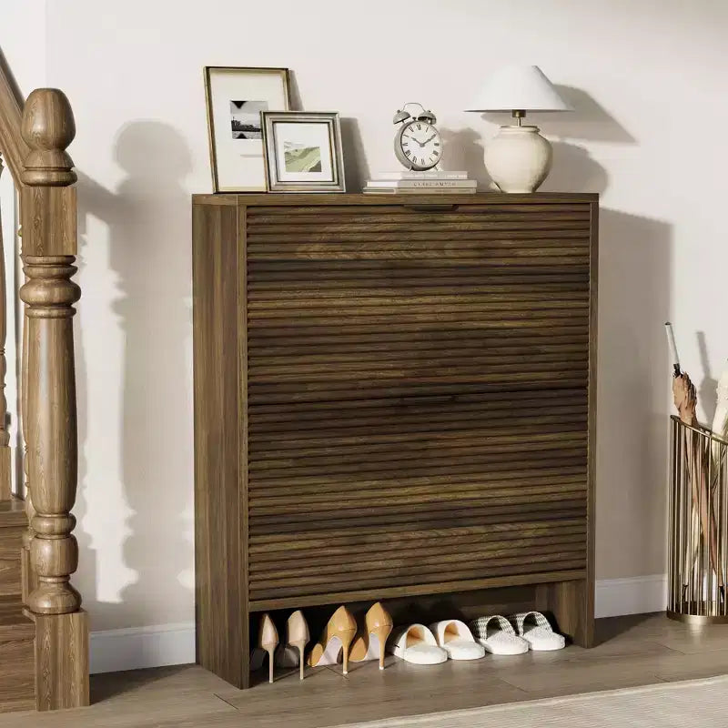 2 Flip Drawers Fluted Shoe Storage Cabinet, 31.5 Wide Freestanding Hidden Shoe Rack with Adjustable Shelves for Entryway Living Room