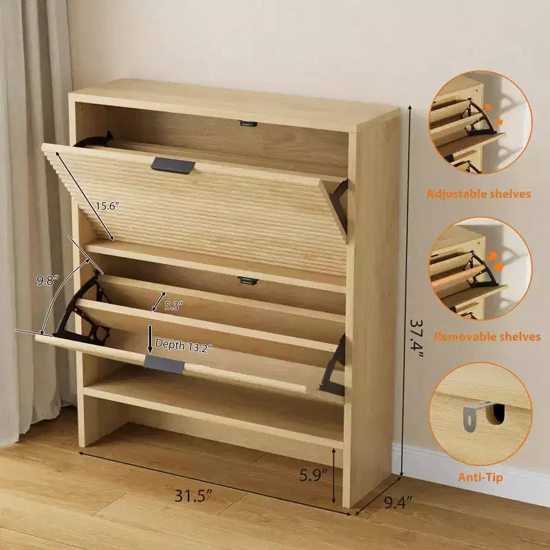 2 Flip Drawers Fluted Shoe Storage Cabinet, 31.5 Wide Freestanding Hidden Shoe Rack with Adjustable Shelves for Entryway Living Room
