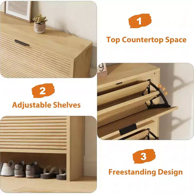 2 Flip Drawers Fluted Shoe Storage Cabinet, 31.5 Wide Freestanding Hidden Shoe Rack with Adjustable Shelves for Entryway Living Room