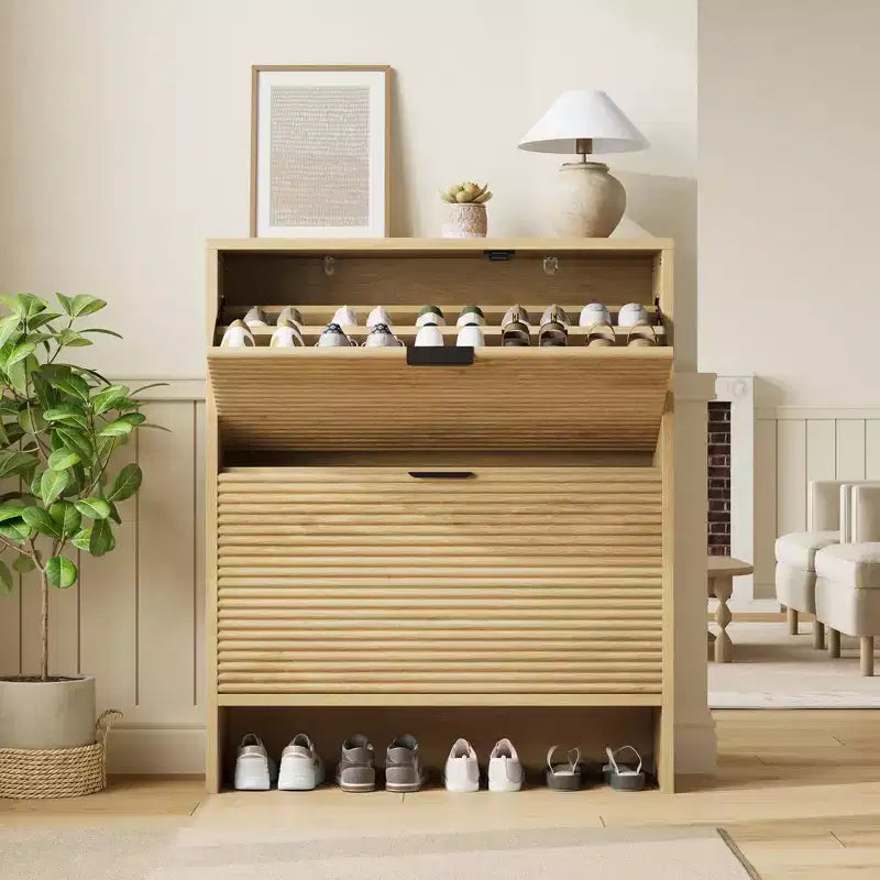 2 Flip Drawers Fluted Shoe Storage Cabinet, 31.5 Wide Freestanding Hidden Shoe Rack with Adjustable Shelves for Entryway Living Room