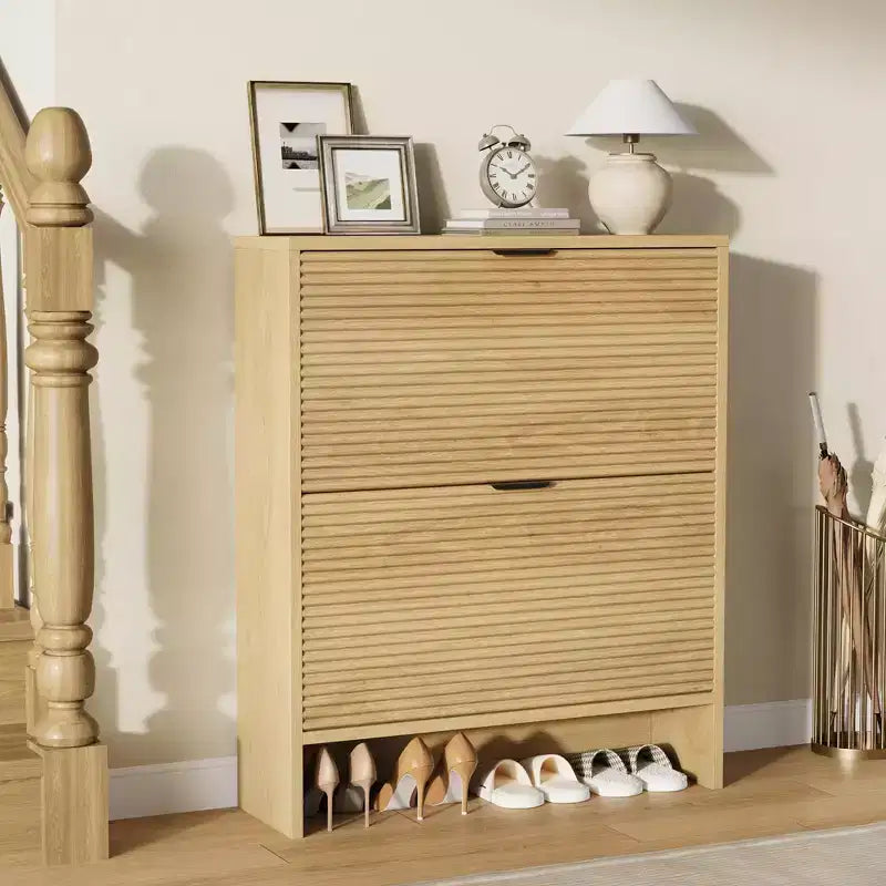 2 Flip Drawers Fluted Shoe Storage Cabinet, 31.5 Wide Freestanding Hidden Shoe Rack with Adjustable Shelves for Entryway Living Room