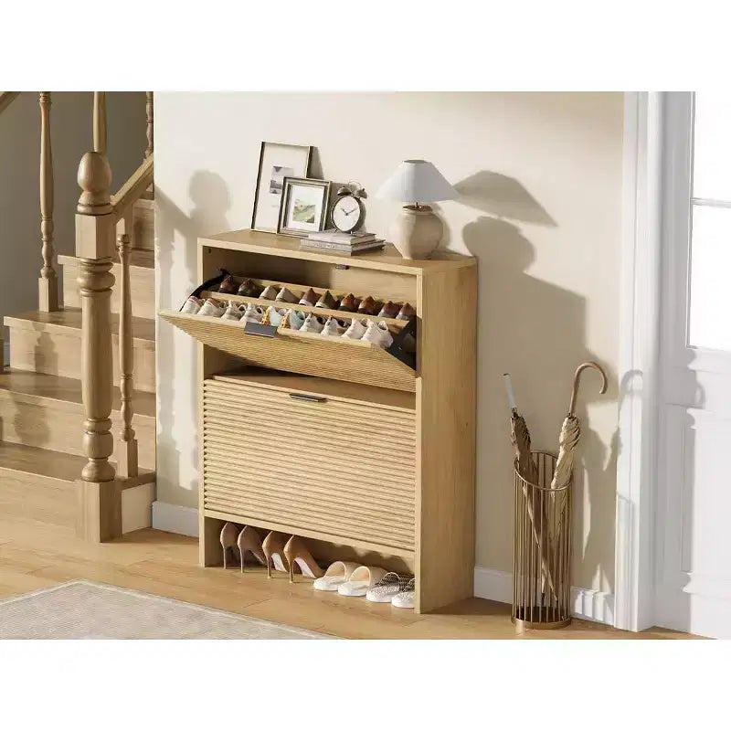 2 Flip Drawers Fluted Shoe Storage Cabinet, 31.5 Wide Freestanding Hidden Shoe Rack with Adjustable Shelves for Entryway Living Room