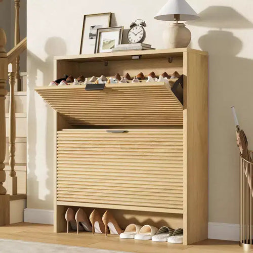 2 Flip Drawers Fluted Shoe Storage Cabinet, 31.5 Wide Freestanding Hidden Shoe Rack with Adjustable Shelves for Entryway Living Room