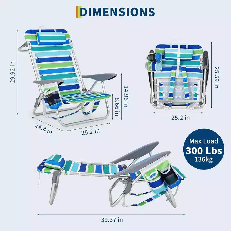 5 Reclining Positions, Lightweight Folding Outdoor Lounge, Portable Backpack Beach Chair 2 Pack  300lbs Capacity, Backpack Straps