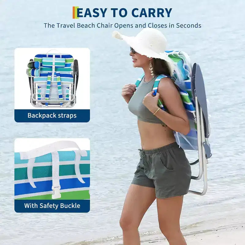 5 Reclining Positions, Lightweight Folding Outdoor Lounge, Portable Backpack Beach Chair 2 Pack  300lbs Capacity, Backpack Straps
