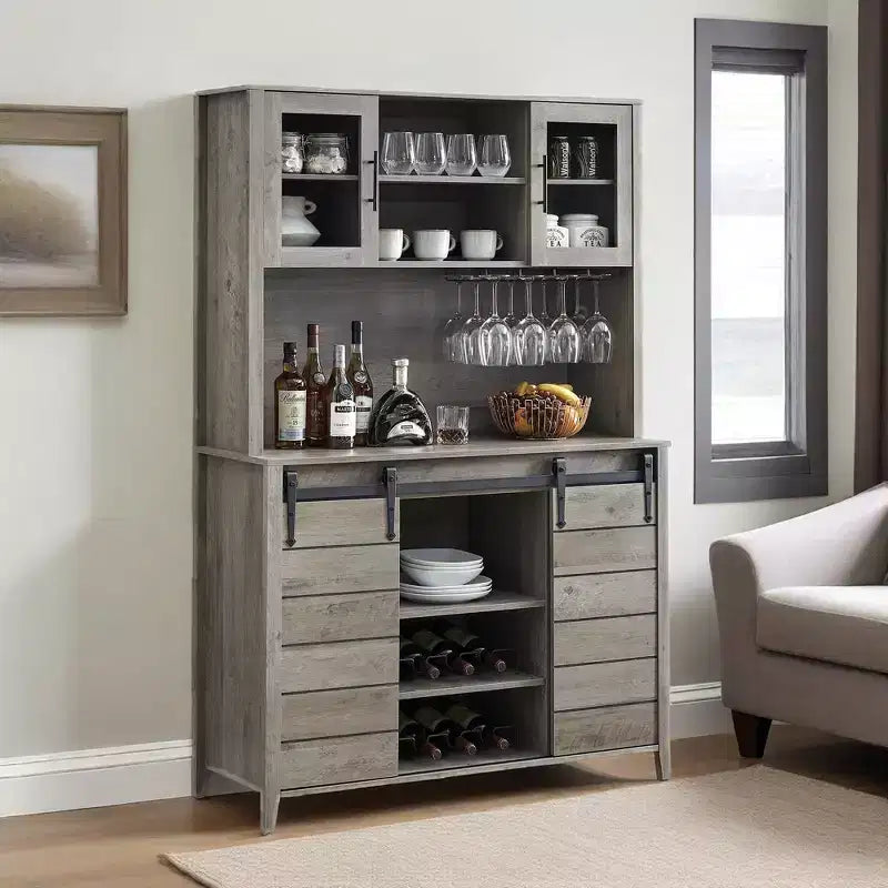 70 Inch Tall Farmhouse Coffee Bar Cabinet With Hutch,Sliding Barn Doors,Wine And Glass Rack,Large Kitchen Pantry Buffet Sideboard