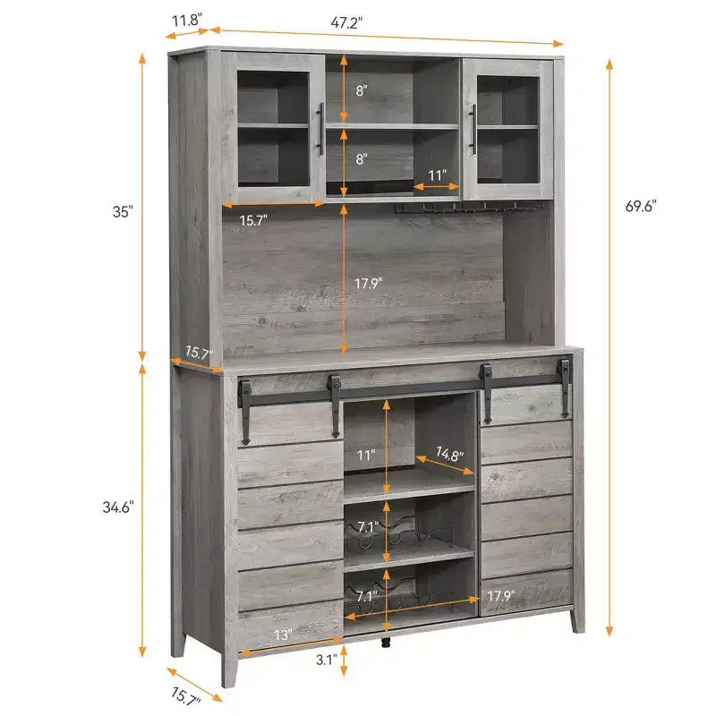70 Inch Tall Farmhouse Coffee Bar Cabinet With Hutch,Sliding Barn Doors,Wine And Glass Rack,Large Kitchen Pantry Buffet Sideboard