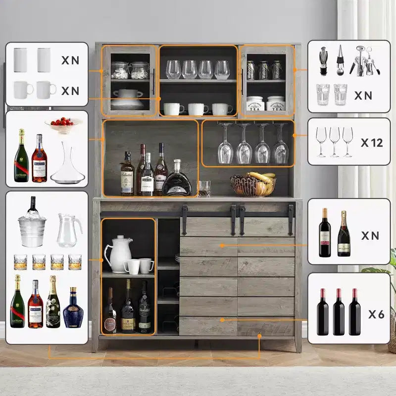 70 Inch Tall Farmhouse Coffee Bar Cabinet With Hutch,Sliding Barn Doors,Wine And Glass Rack,Large Kitchen Pantry Buffet Sideboard