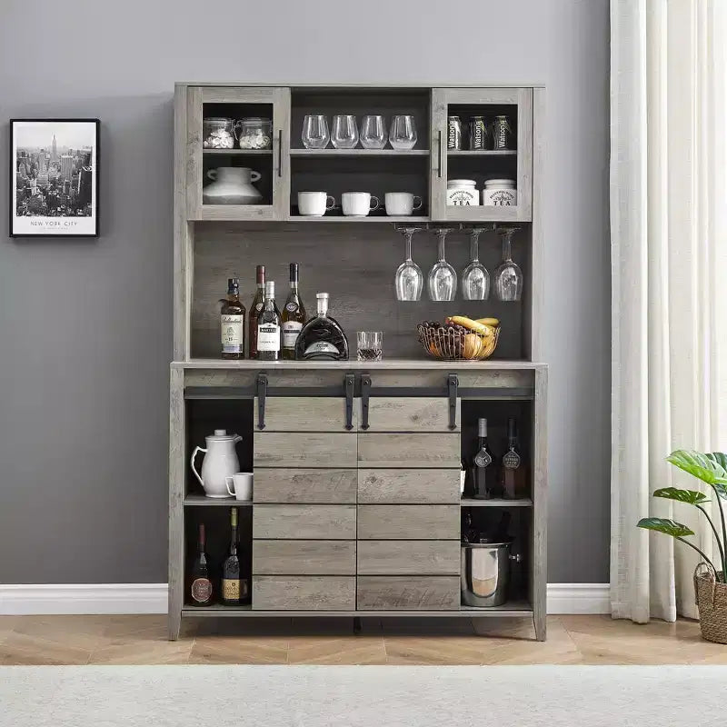 70 Inch Tall Farmhouse Coffee Bar Cabinet With Hutch,Sliding Barn Doors,Wine And Glass Rack,Large Kitchen Pantry Buffet Sideboard