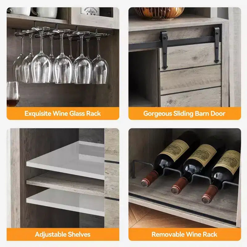 70 Inch Tall Farmhouse Coffee Bar Cabinet With Hutch,Sliding Barn Doors,Wine And Glass Rack,Large Kitchen Pantry Buffet Sideboard