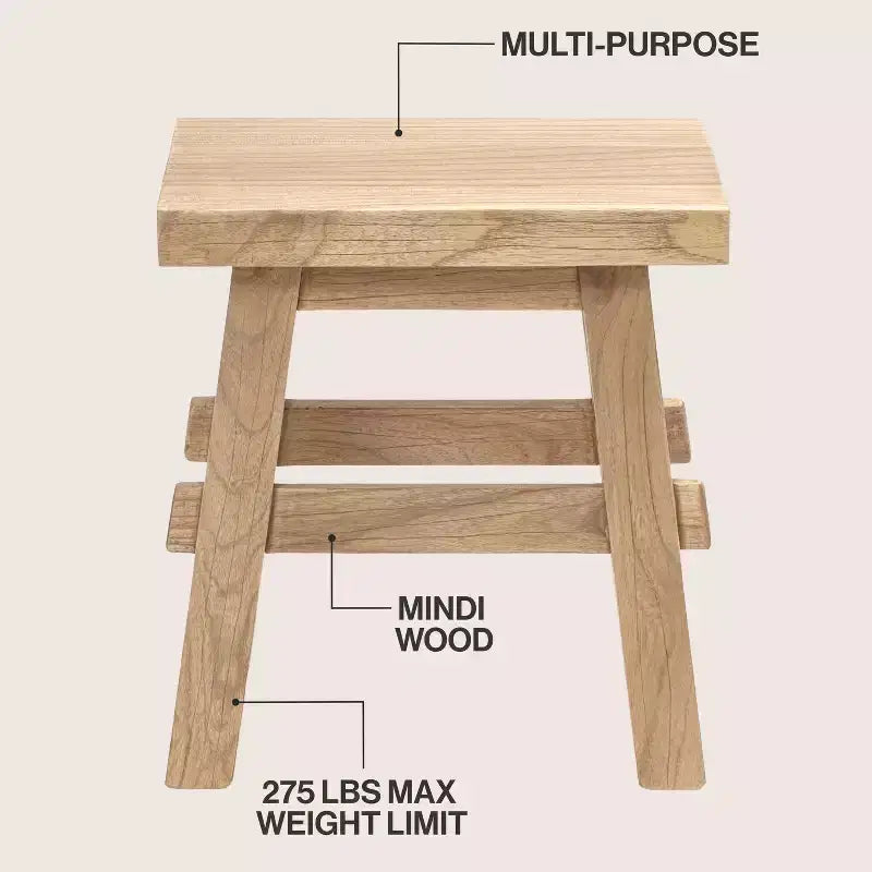 JONATHAN Y Revine 16.9 Rustic Farmhouse Solid Mindi Wood Handcrafted Accent Stool