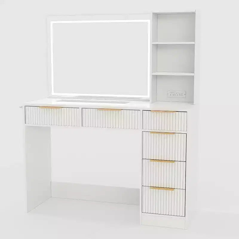 52in Wave Texture Makeup Vanity Desk with LED Mirror, Power Outlet, 6 Drawers, Glass Top & Storage for Bedroom Living Room