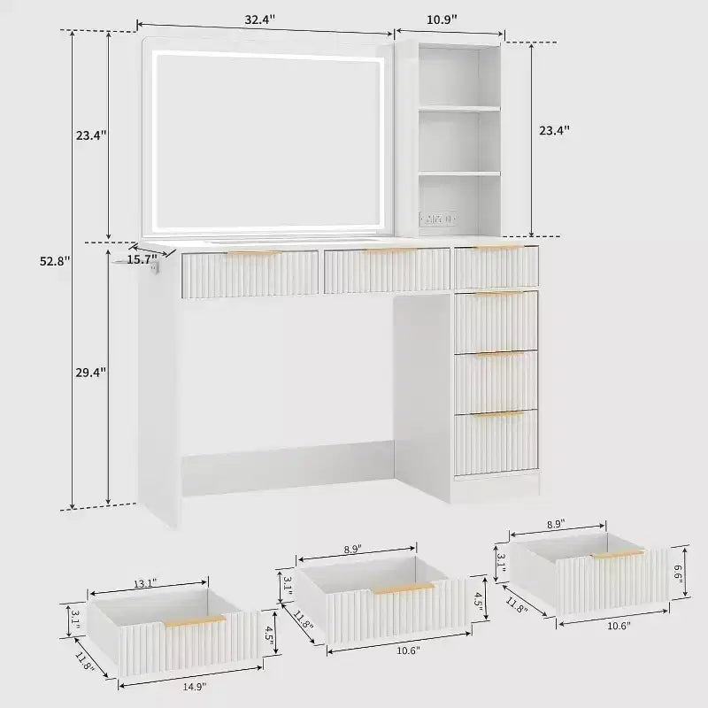 52in Wave Texture Makeup Vanity Desk with LED Mirror, Power Outlet, 6 Drawers, Glass Top & Storage for Bedroom Living Room